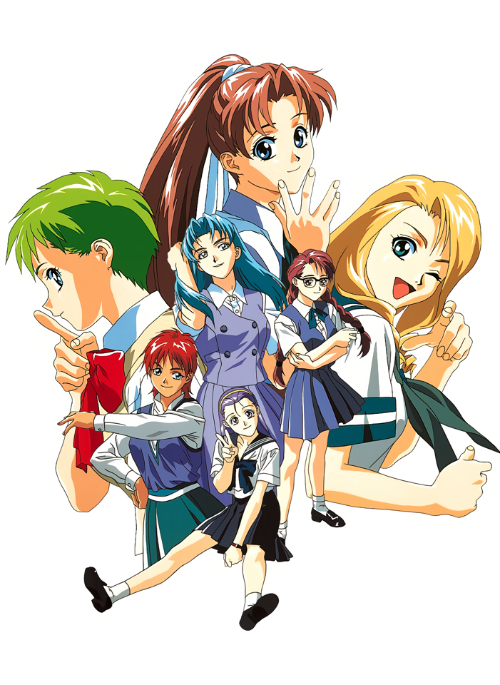 asami_junko, black_footwear, black_skirt, blonde_hair, blue_eyes, blue_hair, braid, brown_hair, green_hair, hairband, high_ponytail, honjou_arisa, index_finger_raised, loafers, long_hair, long_sleeves, looking_at_viewer, nakai_mami_(seigra), non-web_source, open_mouth, pleated_skirt, profile, purple_hair, rectangular_eyewear, redhead, sakai_yuki_(seigra), school_uniform, shoes, short_hair, short_sleeves, simple_background, sitting, skirt, smile, standing, twin_braids, v, very_short_hair, white_background, yamada_masaki, yasukawa_reina, zenkoku_seifuku_bishoujo_grand_prix