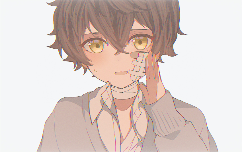 1boy, :d, bandage_on_face, bandage_on_neck, bandages, bandaid, bandaid_on_face, brown_hair, hair_between_eyes, hand_up, highres, looking_at_viewer, male_focus, mole, mole_under_eye, open_mouth, original, shirt, short_hair, simple_background, smile, solo, sweatdrop, upper_body, white_background, yellow_eyes, yuxi