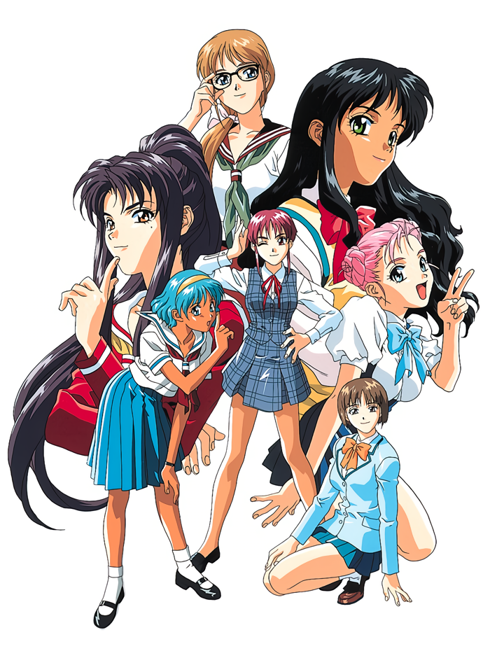 6+girls, adjusting_eyewear, arimori_kei, bangs, black_footwear, black_hair, blazer, blue_eyes, blue_hair, blue_skirt, brown_eyes, brown_footwear, brown_hair, dark-skinned_female, dark_skin, double_bun, green_eyes, grey_skirt, hair_bun, hair_over_shoulder, hairband, hand_on_hip, high_ponytail, index_finger_raised, ishida_nagisa, jacket, kubo_naoko, light_brown_hair, light_smile, loafers, long_hair, long_sleeves, low_ponytail, mary_janes, mole, mole_under_eye, multiple_girls, neckerchief, non-web_source, official_art, one_eye_closed, photoshop_(medium), pink_hair, plaid, plaid_skirt, puffy_short_sleeves, puffy_sleeves, red_eyes, redhead, sakakibara_chiharu, sawada_minako, school_uniform, shoes, short_hair, short_sleeves, simple_background, skirt, smile, squatting, standing, taniguchi_mari, v, white_background, yamada_masaki, zenkoku_seifuku_bishoujo_grand_prix