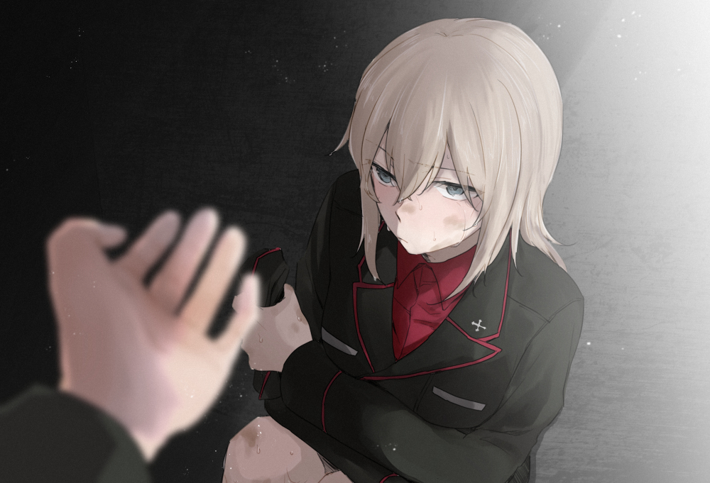 1girl, black_jacket, blurry, blurry_foreground, commentary_request, crying, dirty, dirty_face