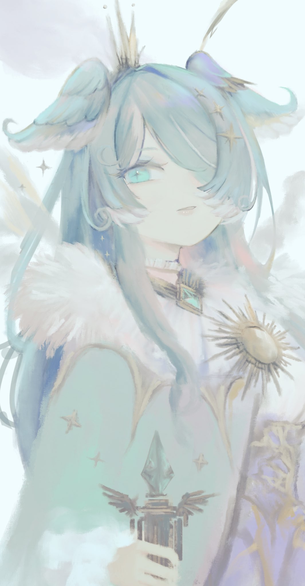 +_+, 1girl, blue_eyes, blue_hair, coat, crown, dragon_girl, elira_pendora, hair_ornament, hair_over_one_eye, hair_wings, highres, konkontsuki, long_hair, nijisanji, nijisanji_en, solo, virtual_youtuber, white_background