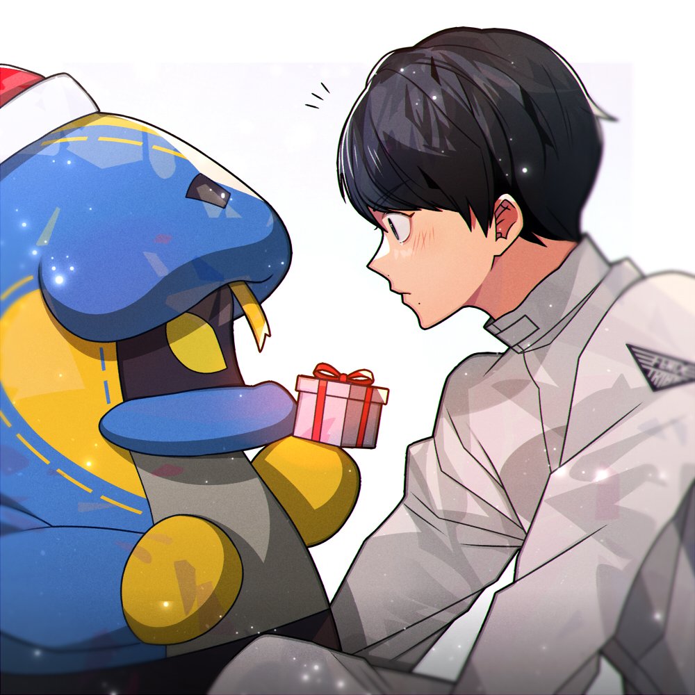 1boy, 1girl, armor, blue_eyes, christmas, commentary, fenix_uniform, from_side