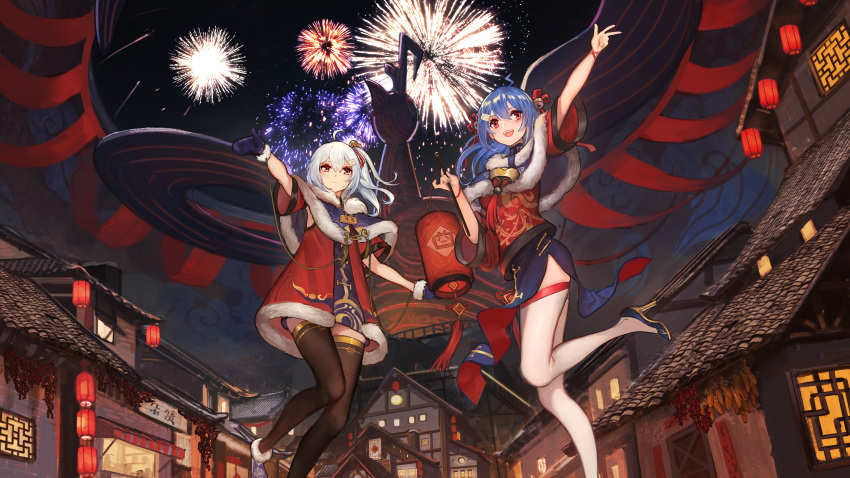 2girls, :d, absurdres, ahoge, animal_print, ankle_bell, anklet, architecture