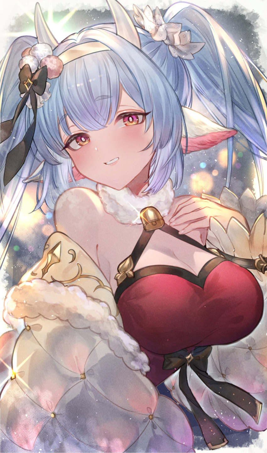 absurdres, animal_ears, catura_(granblue_fantasy), cow_ears, cow_girl, cow_horns, draph, fur_trim, granblue_fantasy, hairband, highres, horns, santa_costume, suzu_(suzuame329)
