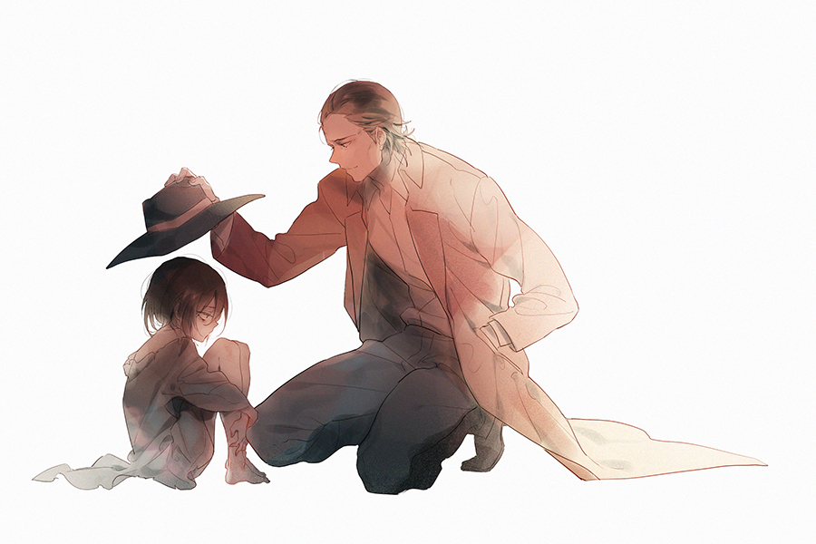 2boys, black_hair, black_pants, brown_coat, closed_mouth, coat, collared_shirt, eyokiki
