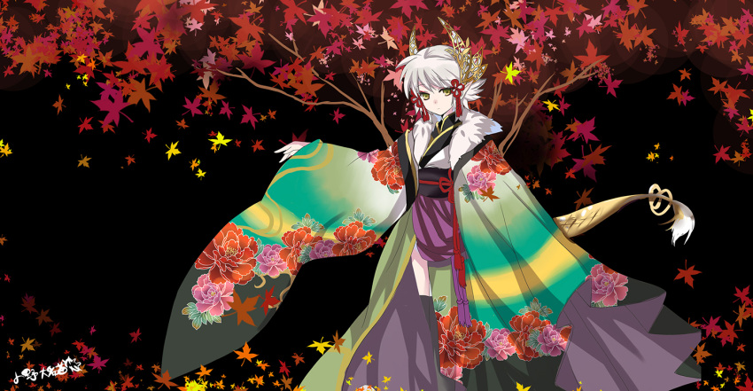 dragon_girl, dragon_horns,, dragon_tail, japanese_clothes, kaede_(p&amp;d), kimono, maple_leaf
