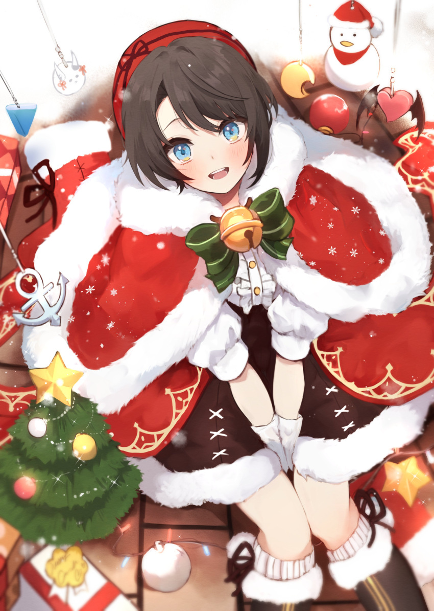 1girl, absurdres, adapted_costume, bell, beret, black_hair, blouse, blue_eyes