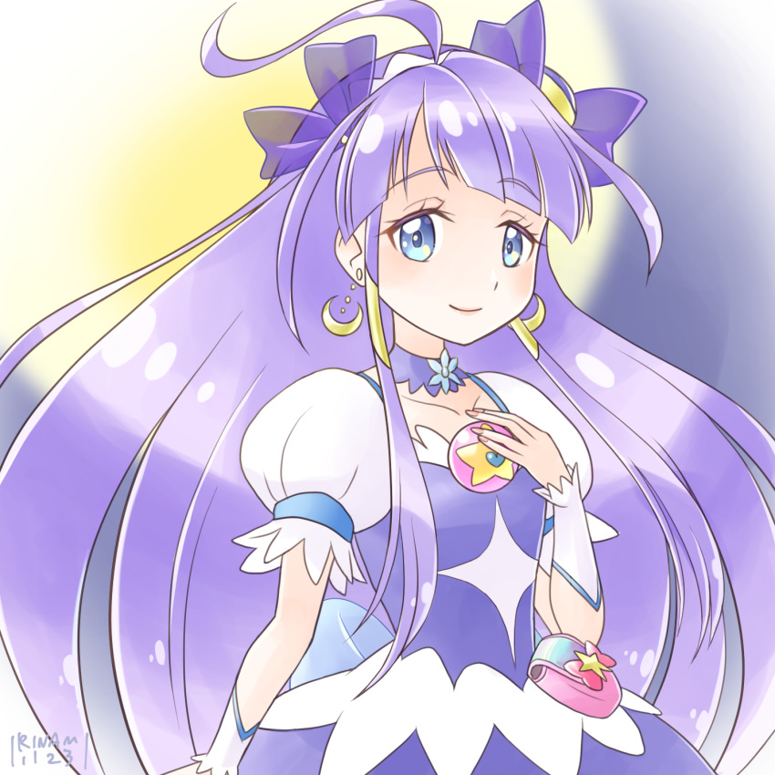 1girl, choker, crescent, crescent_earrings, cure_selene, dress, earrings, full_moon, highres, iri, jewelry, kaguya_madoka, looking_at_viewer, magical_girl, moon, pouch, precure, purple_choker, purple_dress, purple_hair, short_sleeves, solo, star_color_pen, star_twinkle_precure, upper_body, violet_eyes