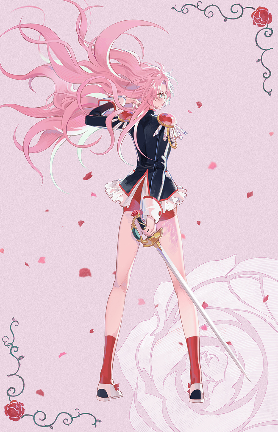 1girl, aiguillette, bangs, bike_shorts, blue_eyes, epaulettes, floating_hair, flower