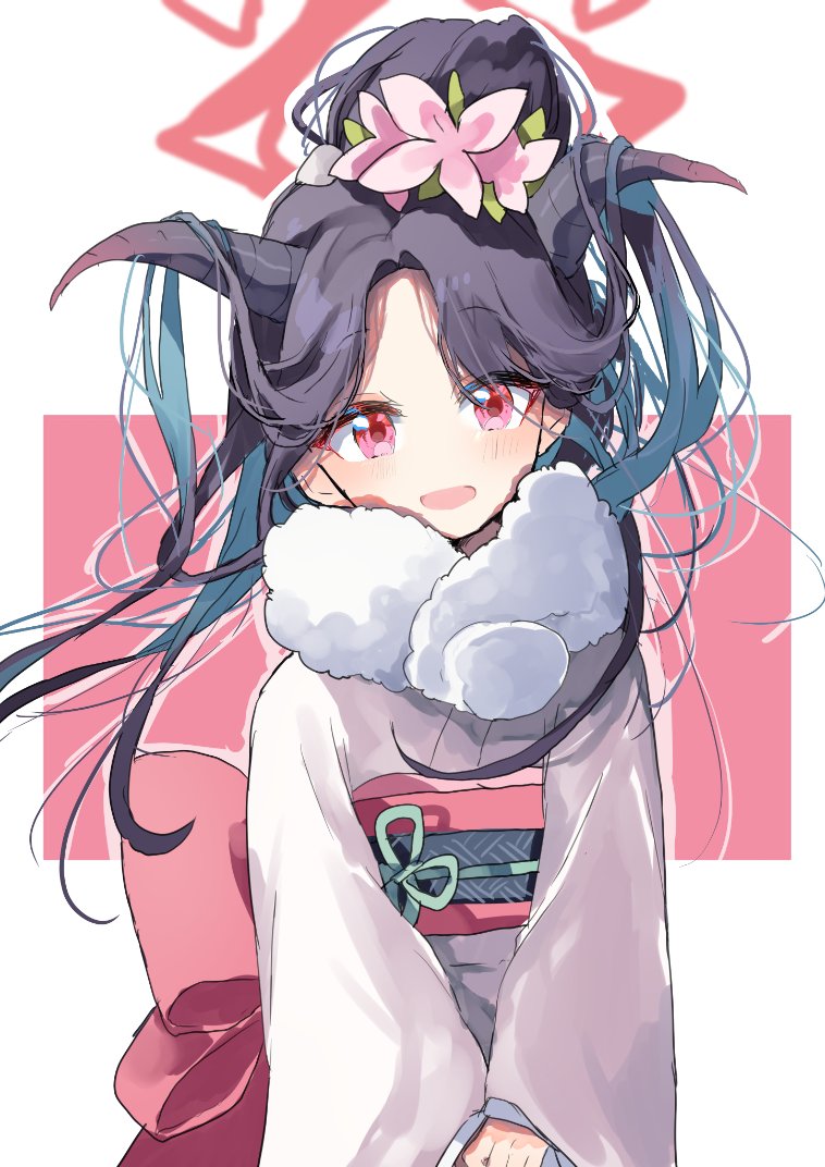 1girl, black_hair, blue_archive, flower, fur_collar, fuuka_(blue_archive), fuuka_(new_year)_(blue_archive), hair_bun, hair_flower, hair_ornament, halo, horns, japanese_clothes, kimono, long_hair, long_sleeves, looking_at_viewer, nyou_0, obi, open_mouth, pink_background, pink_eyes, sash, single_hair_bun, smile, solo, two-tone_background, upper_body, white_background, white_kimono, wide_sleeves