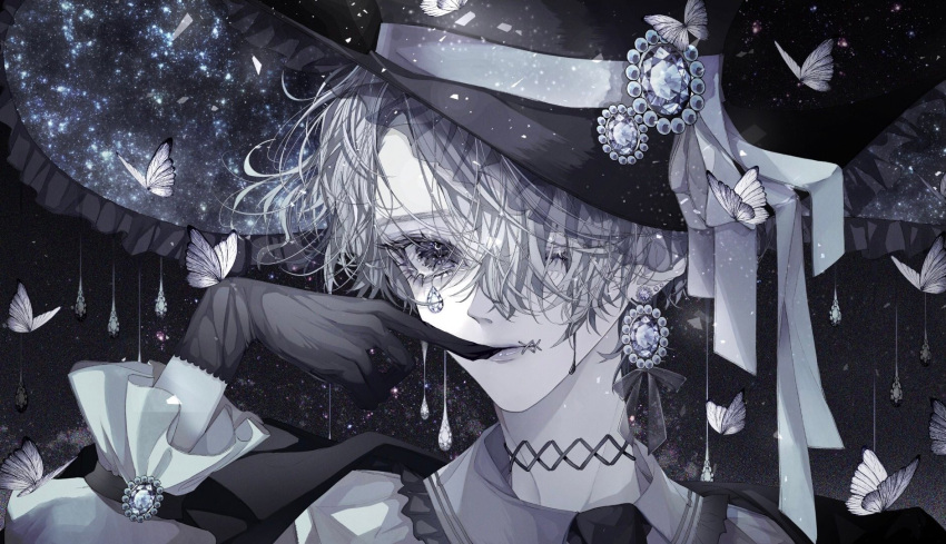 1boy, bishounen, bug, butterfly, galaxy, grey_butterfly, grey_eyes, grey_hair