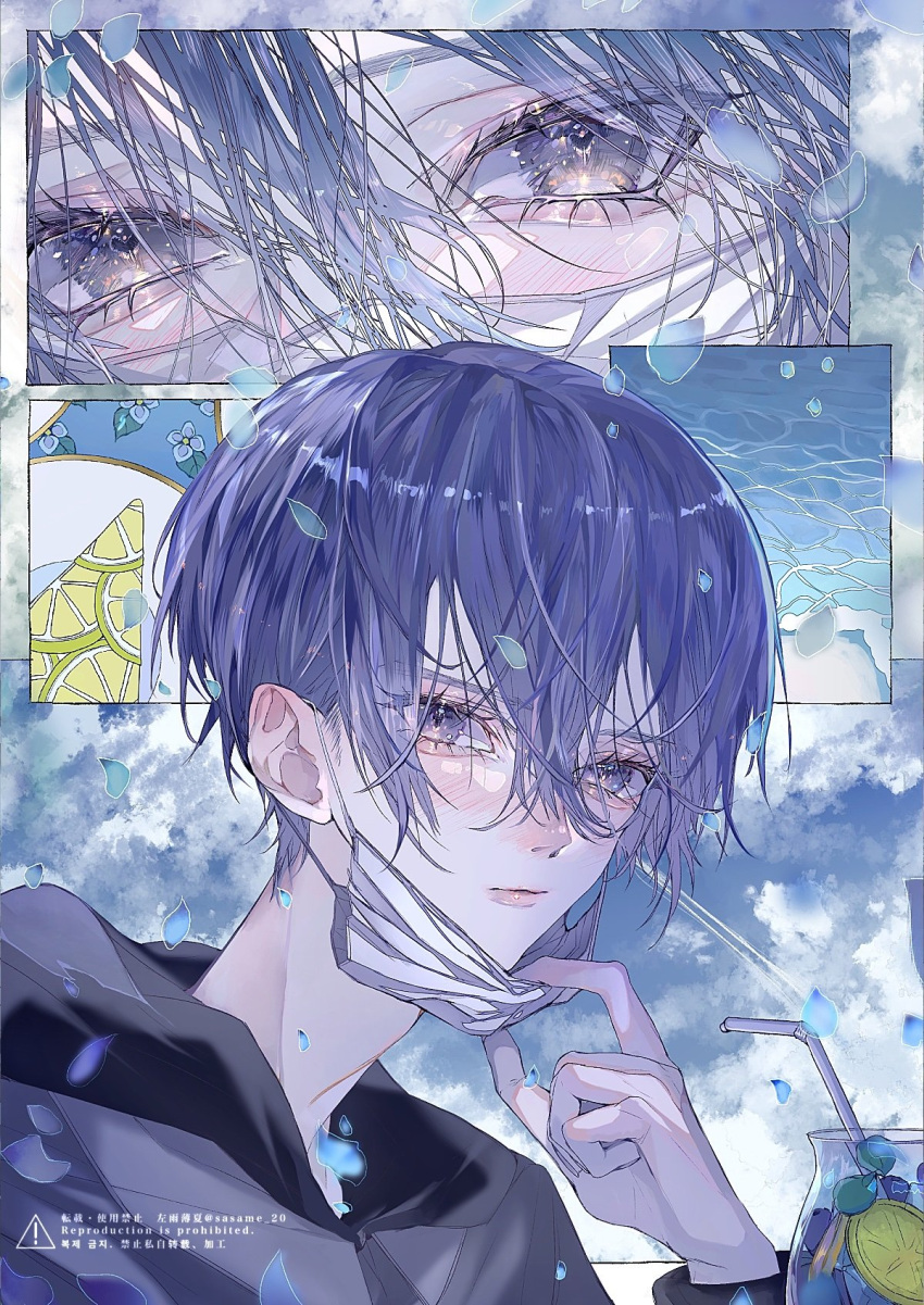 1boy, bishounen, blue_eyes, blue_hair, blush, closed_mouth, highres, looking_at_viewer