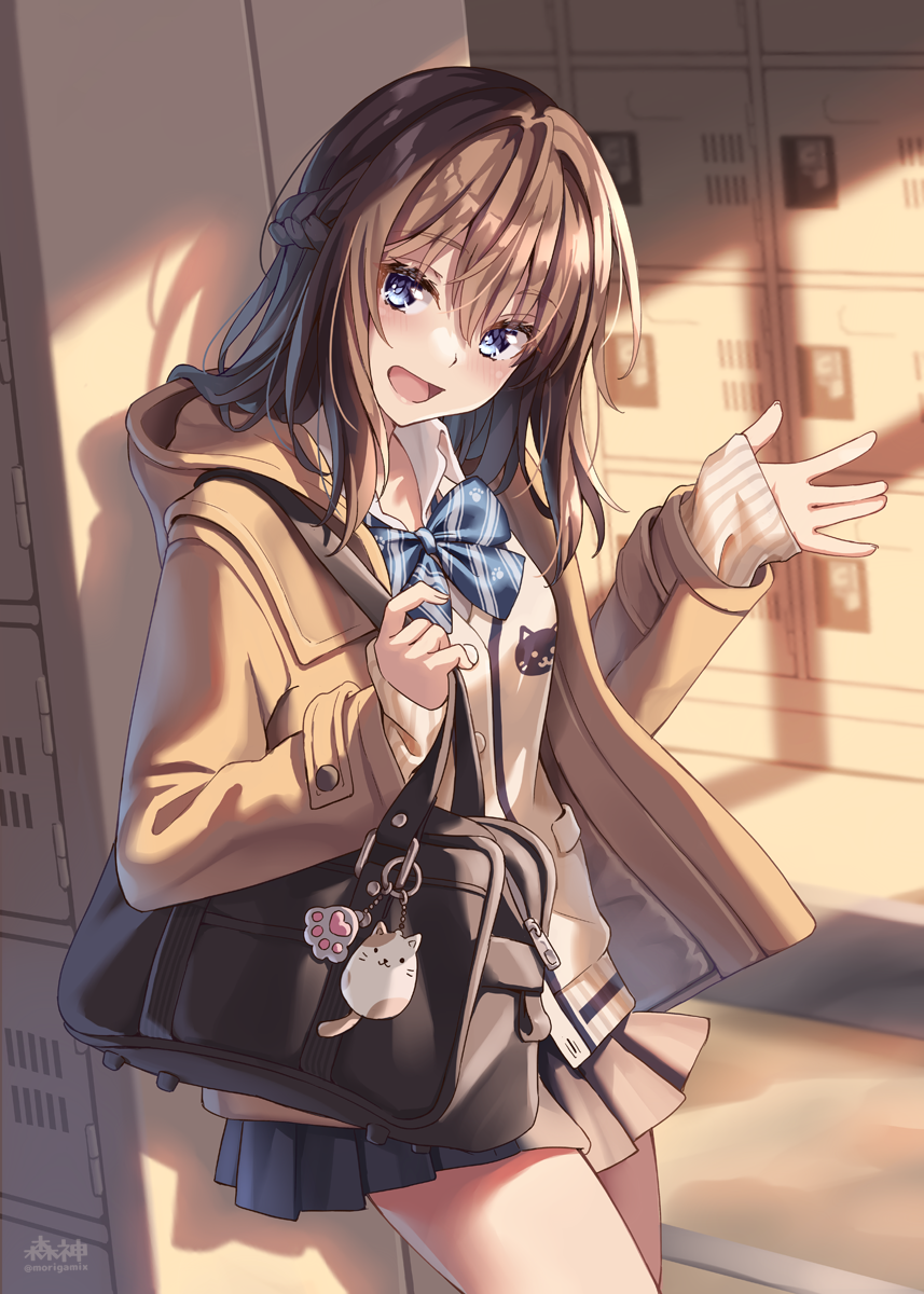 1girl, bag, bangs, black_bag, black_skirt, blue_bow, blue_bowtie, blue_eyes, bow, bowtie, braid, breasts, brown_hair, brown_jacket, cardigan, collared_shirt, commentary_request, cowboy_shot, dappled_sunlight, evening, from_side, hands_up, highres, hood, hood_down, hooded_jacket, indoors, jacket, locker, long_hair, long_sleeves, looking_at_viewer, medium_breasts, miniskirt, morigami_(morigami_no_yashiro), open_clothes, open_jacket, open_mouth, original, plaid, plaid_bow, plaid_bowtie, pleated_skirt, school, school_bag, school_uniform, shirt, shoulder_bag, sidelocks, skirt, sleeves_past_wrists, smile, solo, sunlight, thighs, twitter_username, white_shirt, yellow_cardigan, zipper