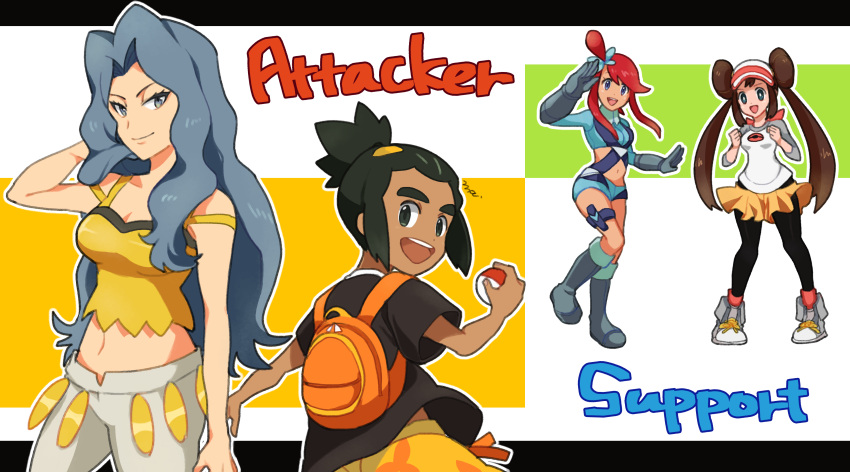 1boy, 3girls, absurdres, backpack, bag, black_shirt, blue_eyes, blue_hair, breasts, brown_hair, clenched_hands, crop_top, dark-skinned_male, dark_skin, double_bun, green_hair, hair_bun, hau_(pokemon), highres, holding, holding_poke_ball, jie_tian, karen_(pokemon), looking_at_viewer, midriff, multiple_girls, navel, open_mouth, poke_ball, poke_ball_(basic), pokemon, pokemon_(game), pokemon_bw, pokemon_bw2, pokemon_hgss, pokemon_masters_ex, pokemon_sm, ponytail, raglan_sleeves, redhead, rosa_(pokemon), shirt, skyla_(pokemon), smile, standing, visor_cap