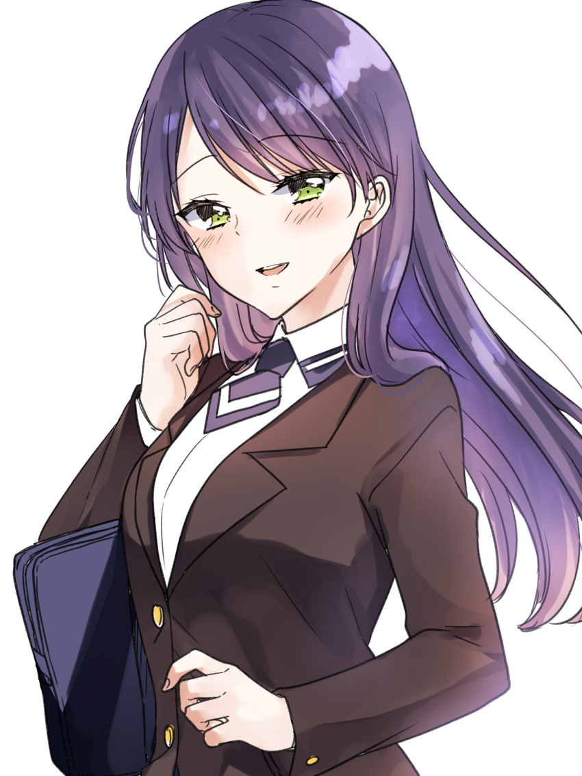 :d, bag, bangs, blush, breasts, brown_jacket, collared_shirt, commentary_request