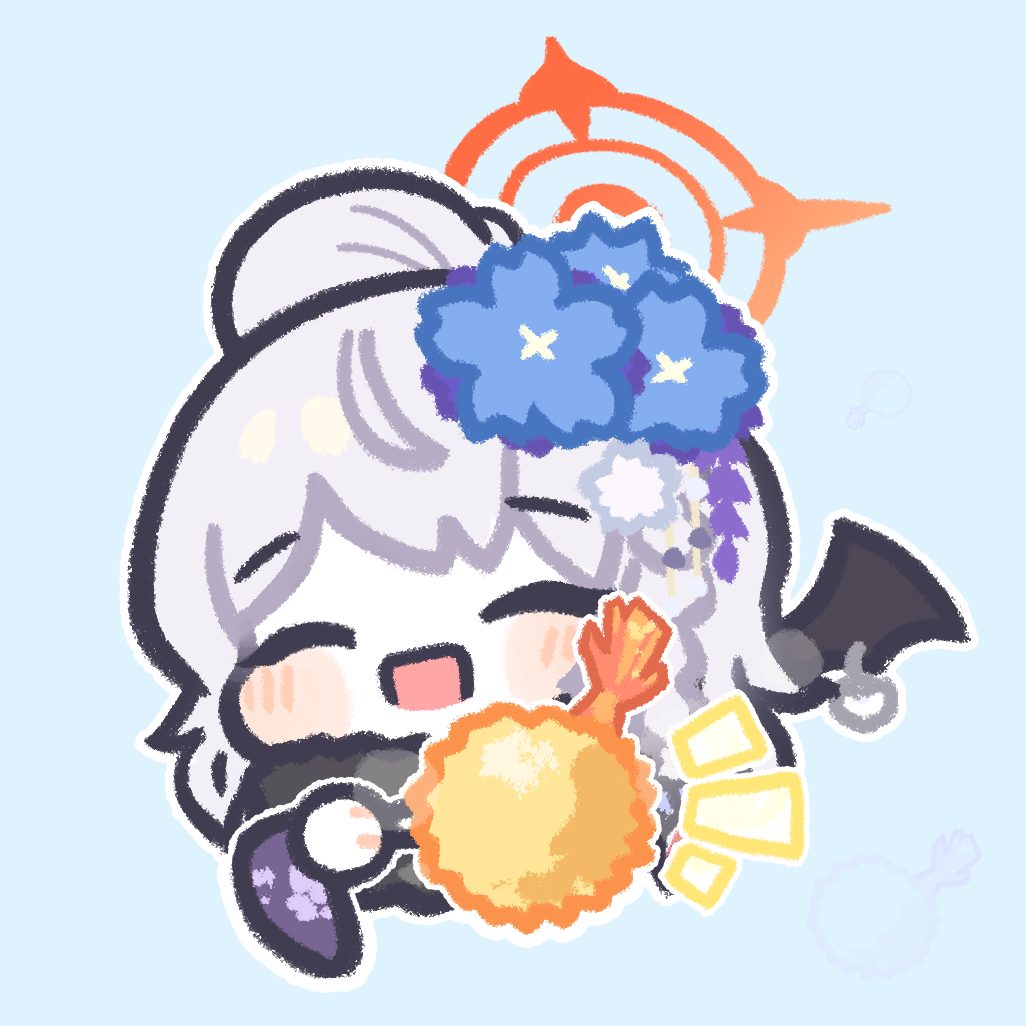 1girl, black_wings, blue_archive, blue_background, blush, chibi, closed_eyes, coconutcorn, flower, food, fur_collar, grey_hair, hair_bun, hair_flower, hair_ornament, haruna_(blue_archive), haruna_(new_year)_(blue_archive), long_hair, open_mouth, outline, shrimp, shrimp_tempura, single_hair_bun, single_wing, solo, tempura, white_outline, wings