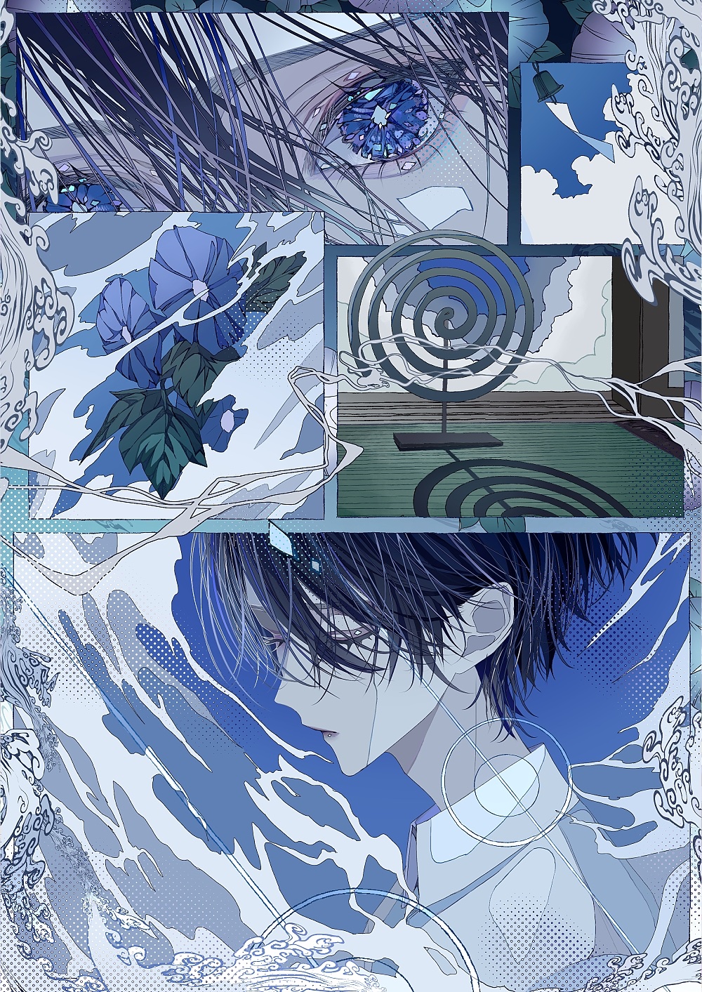1boy, bishounen, black_hair, blue_eyes, blue_flower, closed_eyes, closed_mouth, flower