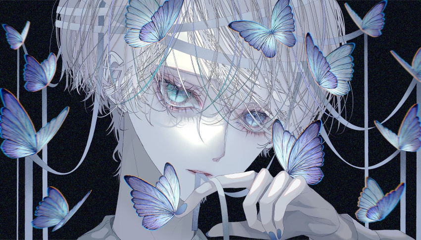 1boy, aqua_eyes, bishounen, blue_butterfly, blue_eyes, bug, butterfly, green_eyes