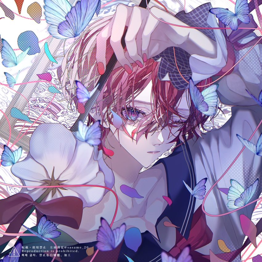 1boy, bishounen, blue_butterfly, blue_eyes, bug, butterfly, collarbone, falling_petals