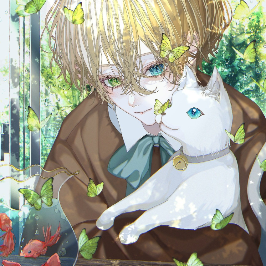 1boy, aqua_eyes, bishounen, blonde_hair, bug, butterfly, butterfly_on_nose, cat