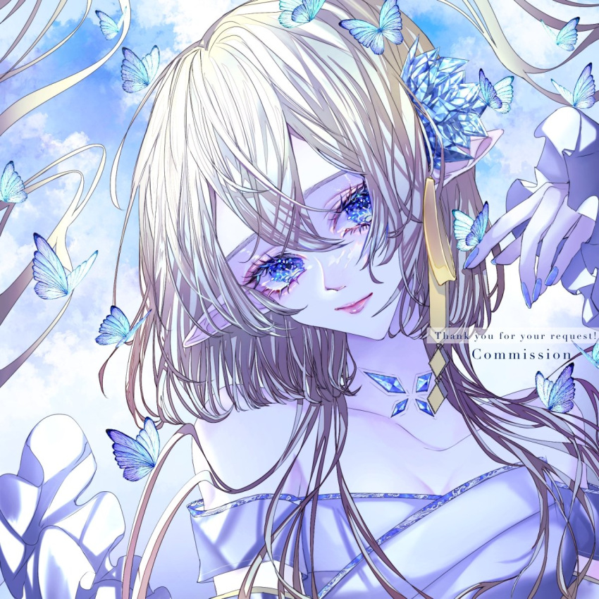 1girl, bare_shoulders, blonde_hair, blue_butterfly, blue_eyes, bug, butterfly, butterfly_on_hand