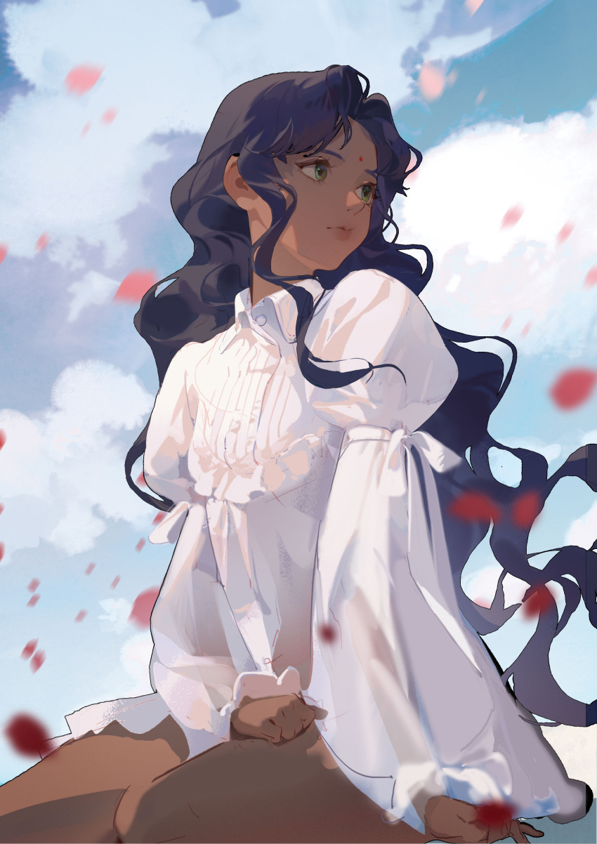 1girl, absurdres, closed_mouth, clouds, collared_shirt, dark-skinned_female, dark_skin, dlgeria, facial_mark, falling_petals, forehead_mark, green_eyes, highres, himemiya_anthy, long_hair, long_sleeves, looking_away, outdoors, petals, puffy_sleeves, purple_hair, shirt, shoujo_kakumei_utena, sky, solo, white_shirt