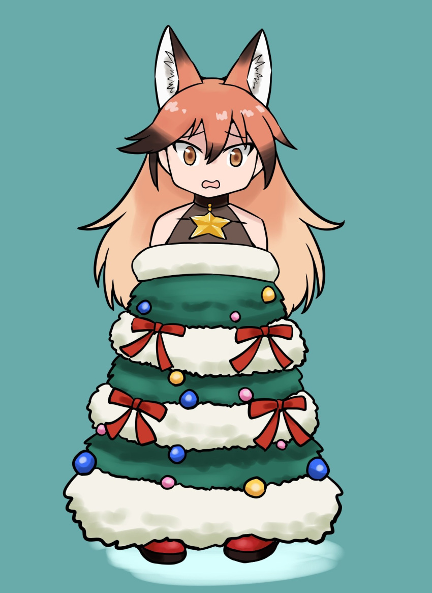 1girl, animal_ears, bare_shoulders, black_choker, blush, brown_hair, choker, christmas_tree_costume