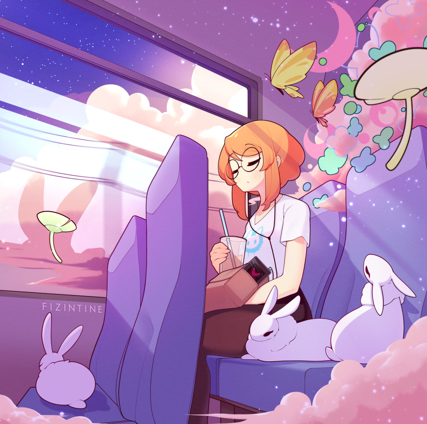 1girl, absurdres, animal, artist_name, bag, bug, bus_interior, butterfly, closed_eyes, closed_mouth, clouds, crescent_moon, cup, disposable_cup, dot_mouth, drinking_straw, fizintine, highres, luna_(fizintine), moon, orange_hair, original, rabbit, round_eyewear, shirt, short_hair, short_sleeves, sitting, solo, white_shirt