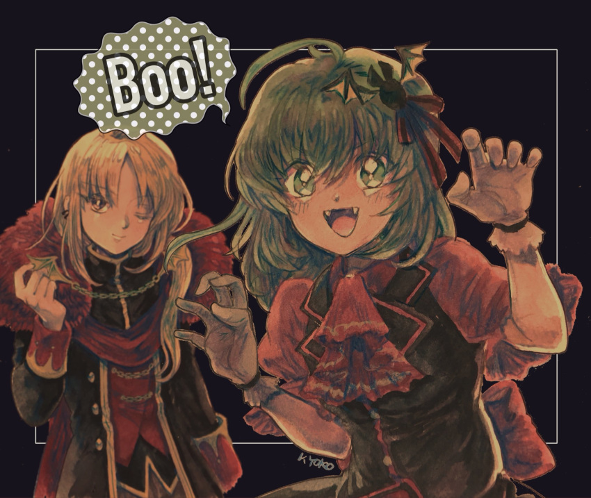 2girls, :d, ;), ahoge, anna_mel, arm_at_side, back_bow, bangs