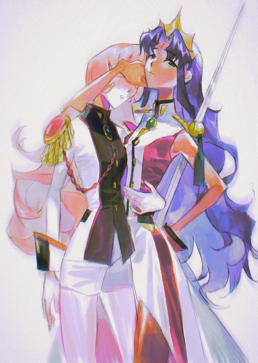 2girls, absurdres, aestheticismkari, aiguillette, bangs, bike_shorts, covered_eyes, crown