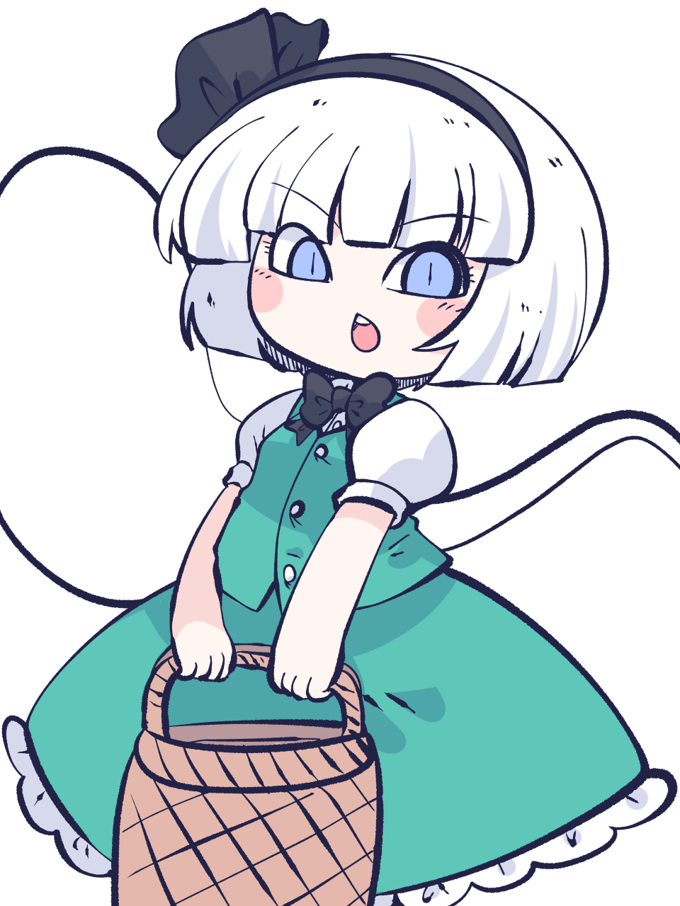 1girl, basket, black_bow, black_bowtie, black_hairband, bow, bowtie, fried_rice0614