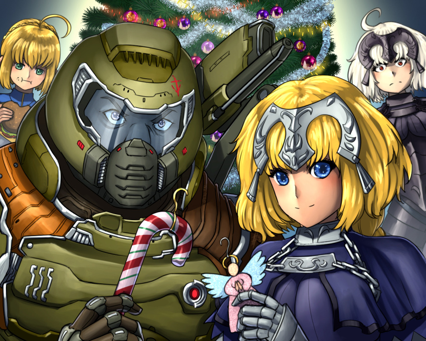1boy, 3girls, ahoge, artoria_pendragon_(fate), bauble, blonde_hair, blue_eyes, burger