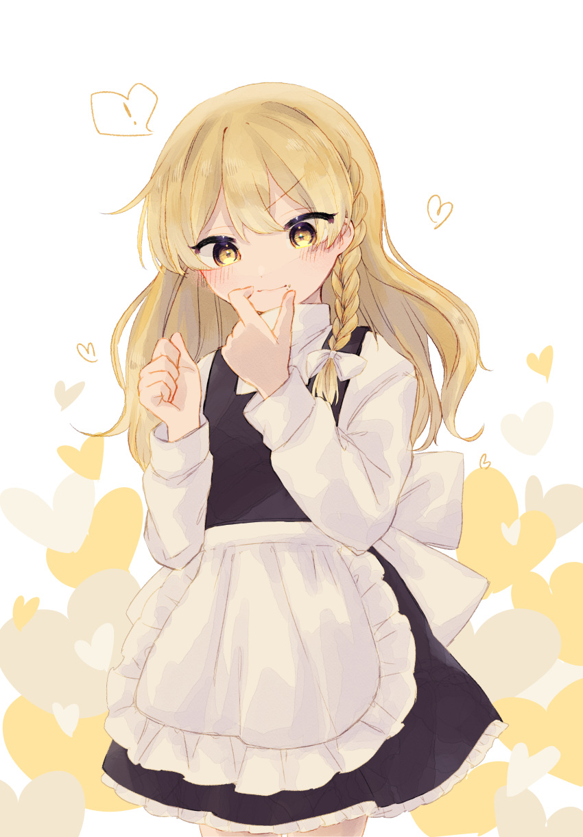 1girl, absurdres, apron, blonde_hair, blush, bow, braid, closed_mouth, cowboy_shot, hair_ribbon, hakurei_kaede, hands_up, hat, hat_removed, headwear_removed, heart, heart_background, highres, kirisame_marisa, long_hair, long_sleeves, looking_down, no_headwear, ribbon, side_braid, solo, spoken_heart, touhou, tress_ribbon, waist_apron, white_bow, yellow_eyes