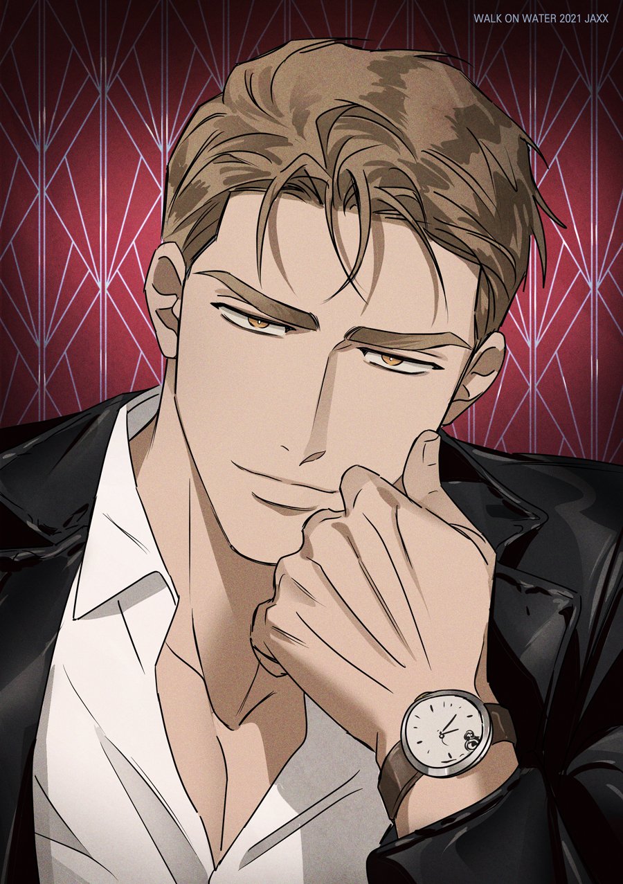 1boy, artist_name, black_jacket, blonde_hair, closed_mouth, collared_shirt, copyright_name, glenn_mcqueen