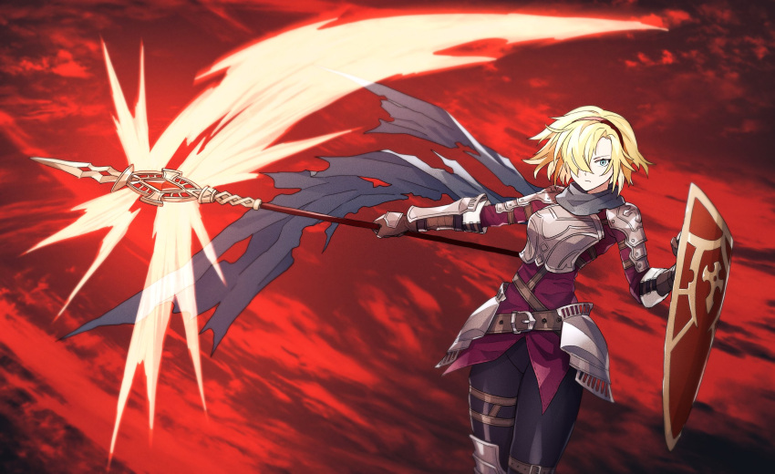 1girl, armor, bangs, belt, belt_buckle, black_hairband, black_thighhighs, blonde_hair