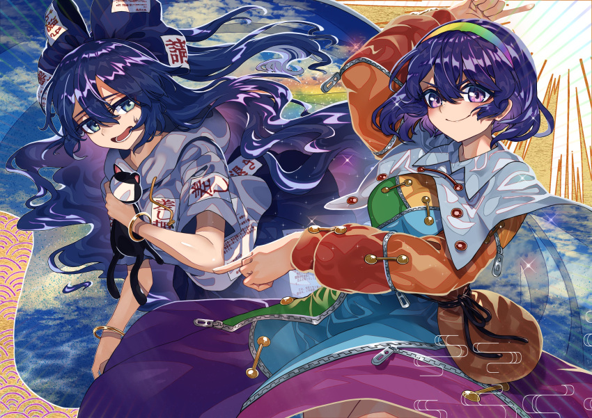 2girls, absurdres, bangle, blue_bow, blue_eyes, blue_hair, bow, bracelet