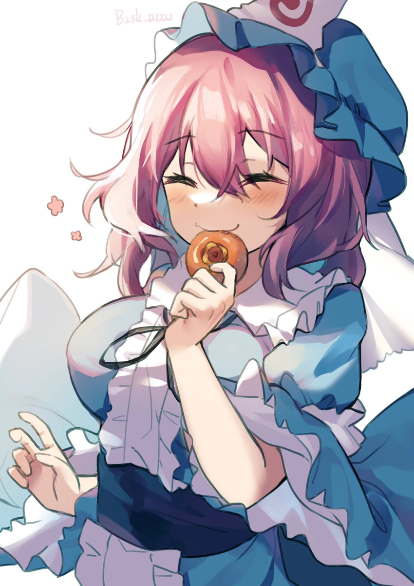 1girl, bangs, blue_headwear, blue_kimono, blush, breasts, center_frills, closed_eyes