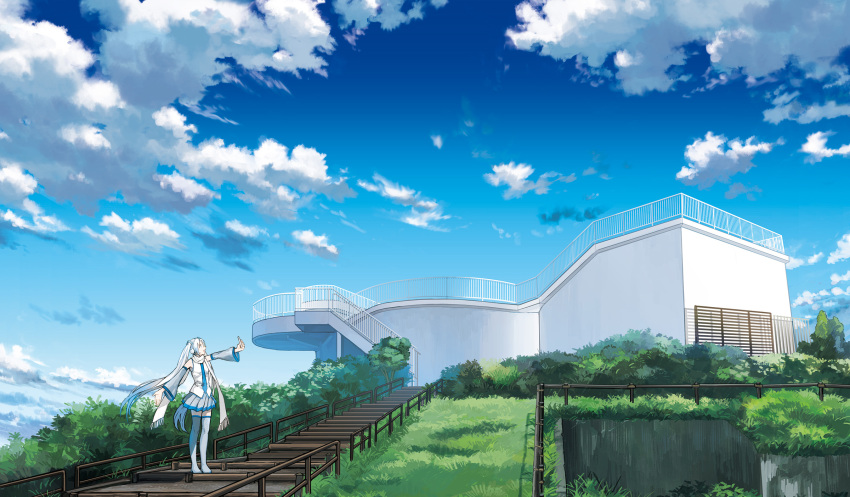 1girl, amemura_(caramelo), bare_shoulders, blue_eyes, blue_hair, blue_necktie, blue_sky, boots