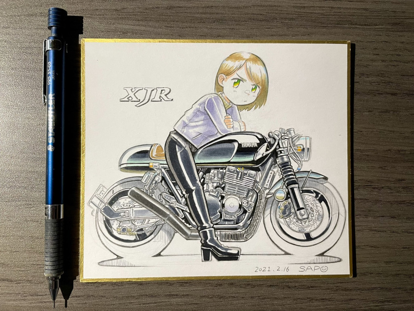 1girl, artist_name, bangs, black_footwear, black_pants, boots, brown_hair, crossed_arms, dated, ground_vehicle, hair_behind_ear, high_heel_boots, high_heels, highres, leaning_forward, leather, leather_pants, mechanical_pencil, motor_vehicle, motorcycle, original, pants, pencil, photo_(medium), purple_sweater, sapo_(saaaapo_po), short_hair, sitting, sweater, vehicle_focus, white_background, yamaha