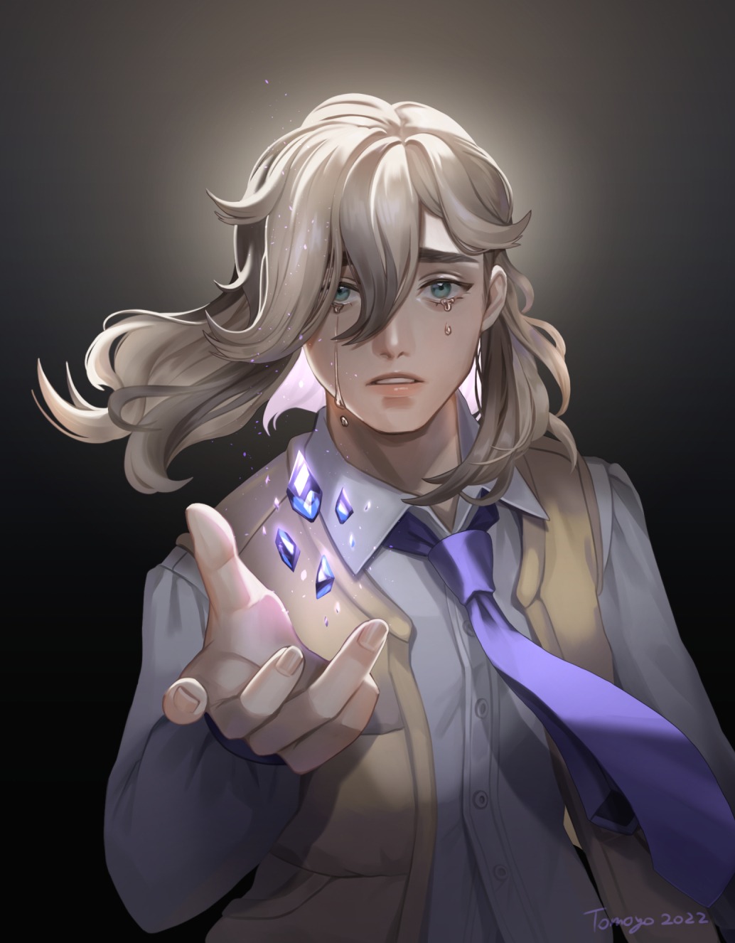 1boy, arven_(pokemon), bangs, buttons, collared_shirt, commentary, crying, dated