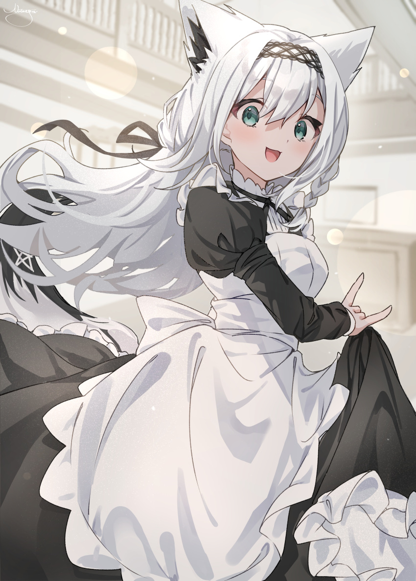 1girl, absurdres, alternate_costume, animal_ear_fluff, animal_ears, apron, bangs, black_dress