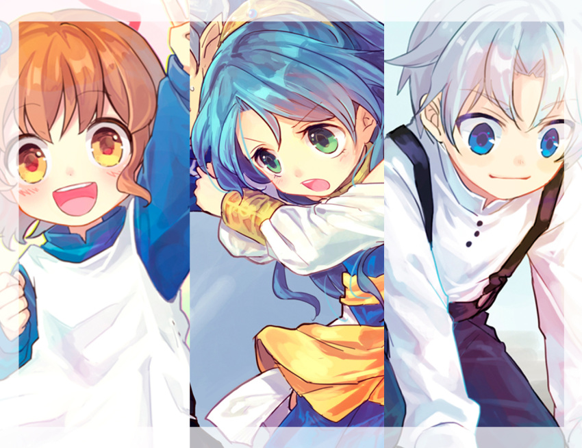 1boy, 2girls, arle_nadja, bangs, blue_eyes, blue_hair, bracelet, brown_hair