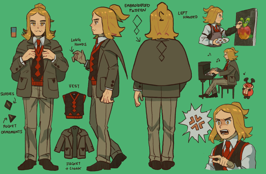 1boy, arrow_(symbol), black_vest, blonde_hair, closed_mouth, collared_shirt, commentary_request, frown, green_background, hassel_(pokemon), highres, holding, holding_paintbrush, jacket, long_sleeves, male_focus, multiple_views, necktie, paintbrush, painting_(action), painting_(object), palette_(object), pants, pokemon, pokemon_(game), pokemon_sv, red_necktie, s7873, shirt, shoes, simple_background, split_mouth, vest, yellow_eyes