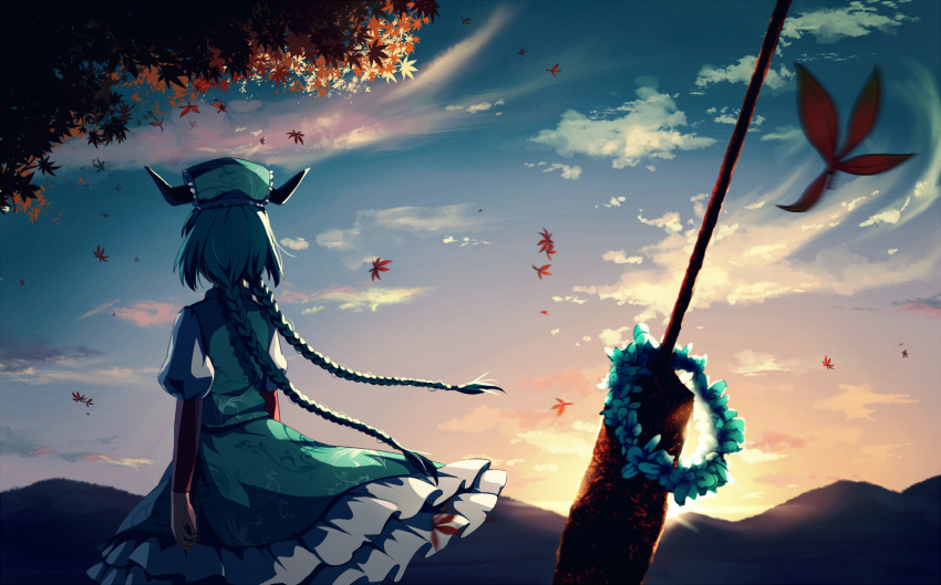1girl, akinomiya_asuka, aqua_hair, aqua_headwear, aqua_skirt, aqua_vest, braid, clouds