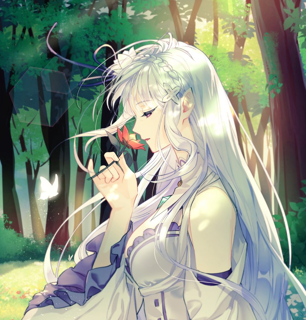 1girl, bangs, bare_shoulders, braid, bug, butterfly, commentary_request, detached_sleeves