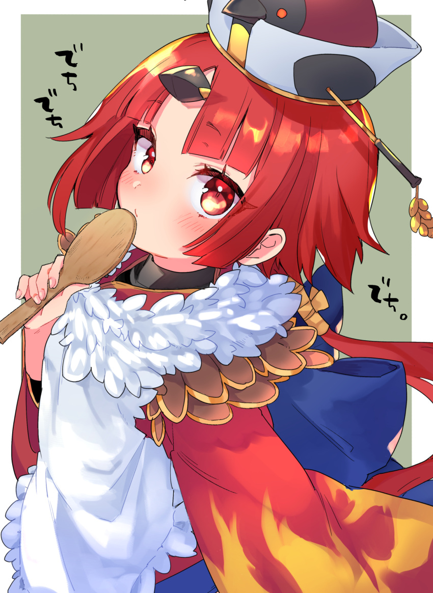 1girl, apron, bangs, benienma_(fate), bird_hat, blush, commentary_request, fate/grand_order