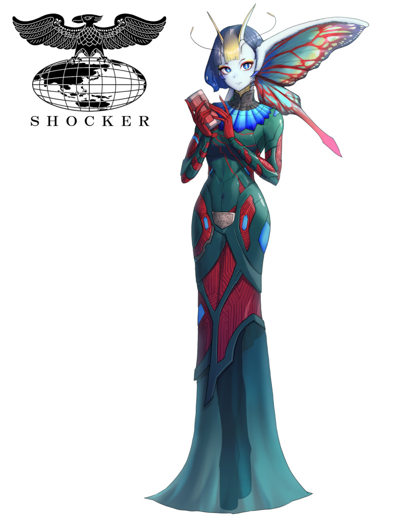 1girl, antennae, arthropod_girl, blonde_hair, blue_eyes, blue_hair, blue_skin, butterfly_wings