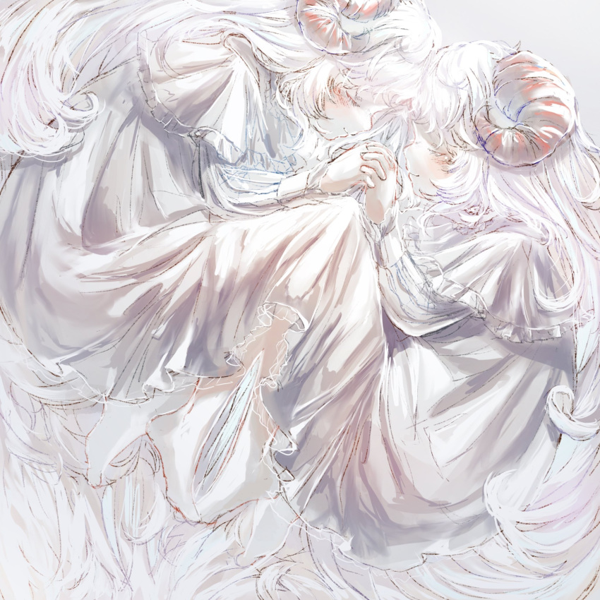 2girls, barefoot, blush, closed_eyes, commentary_request, curled_horns, dress, grey_background