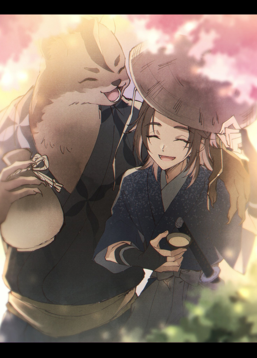 2boys, ^_^, adjusting_clothes, adjusting_headwear, animal_ears, arm_around_shoulder, armor, black_kimono
