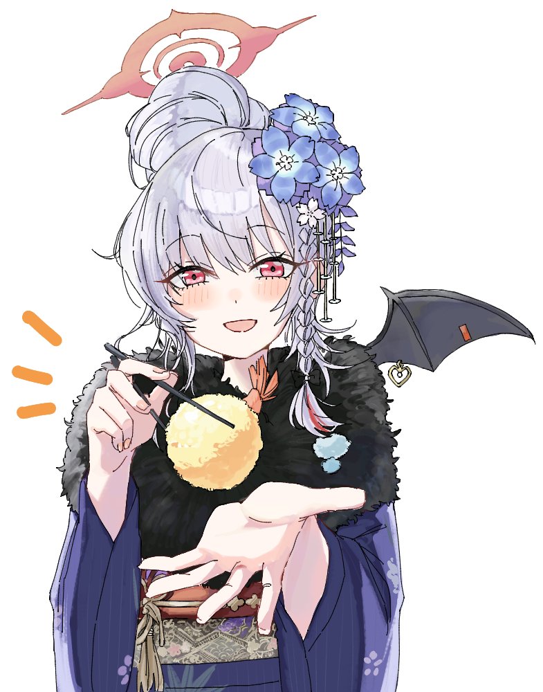 1girl, :d, blue_archive, blue_kimono, blush, braid, chopsticks, flower